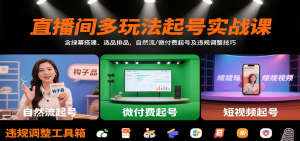直播间多玩法起号实战课：含绿幕搭建、选品排品，自然流/微付费起号及违规调整技巧