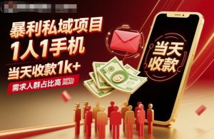 暴利私域项目1人1手机，当天收款1k+，需求人群占比高，当天就能见到钱