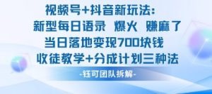视频号加抖音新玩法：爆火新型每日语录，收徒教学加分成计划，三种变现玩法，当日变现7张