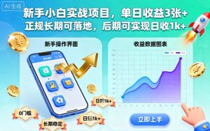 新手小白实战项目，单日收益3张+，正规长期可落地，后期可实现日收1k+